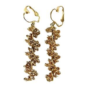 Vintage Gold Tone Textured Dangle Clip-On Earrings – Rope Cluster Chain Drop